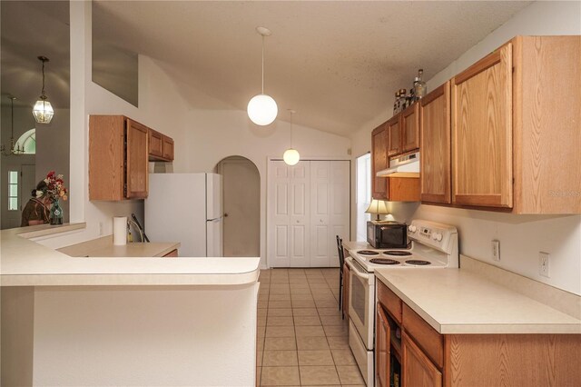 kitchen featuring lofted ceiling, kitchen peninsula, light tile patterned floors, white appliances, and decorative light fixtures