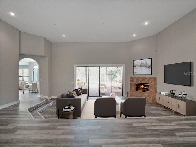 living room with a fireplace, a towering ceiling, and light hardwood / wood-style flooring