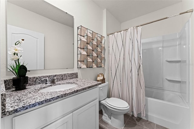 full bathroom featuring vanity, tile patterned flooring, toilet, and shower / bathtub combination with curtain