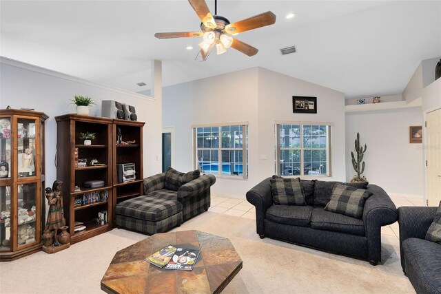 living room featuring high vaulted ceiling, ceiling fan, and carpet floors
