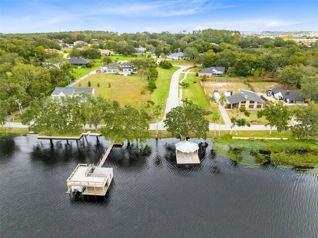 drone / aerial view with a water view