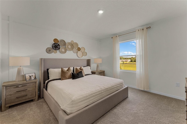 bedroom with light colored carpet