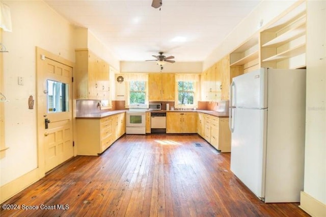 kitchen featuring sink, ceiling fan, stainless steel appliances, dark wood-type flooring, and light brown cabinets