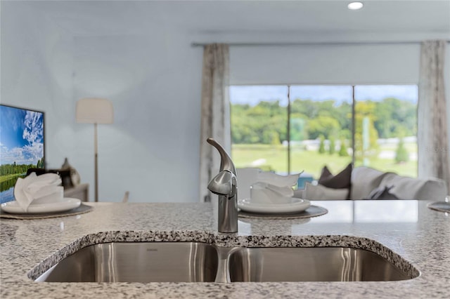 room details featuring sink and light stone countertops