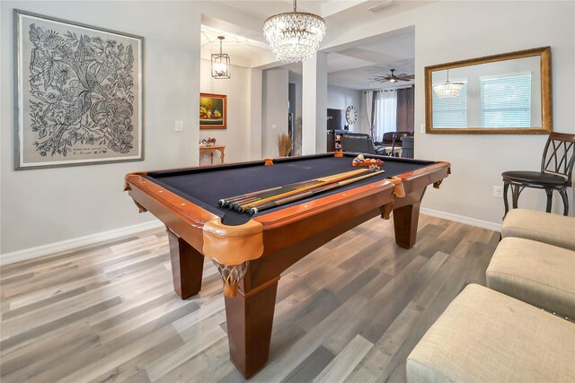 playroom with billiards, hardwood / wood-style flooring, and ceiling fan