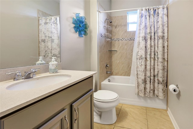 full bathroom with toilet, vanity, shower / bath combination with curtain, and tile patterned flooring