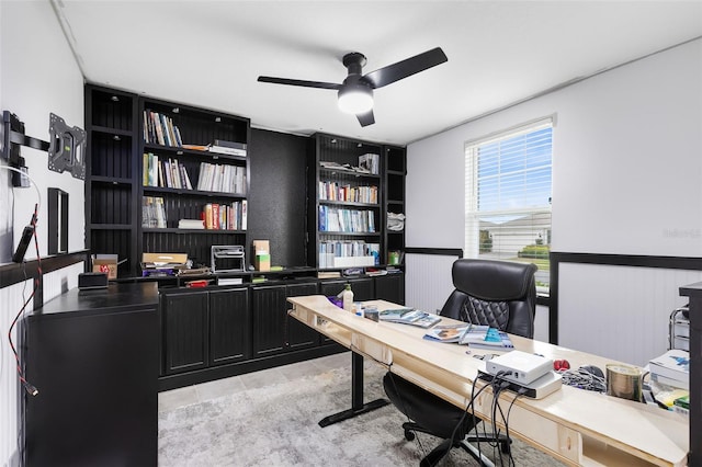 office area featuring ceiling fan and light tile patterned floors