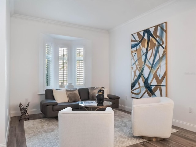 living room with dark hardwood / wood-style floors and crown molding