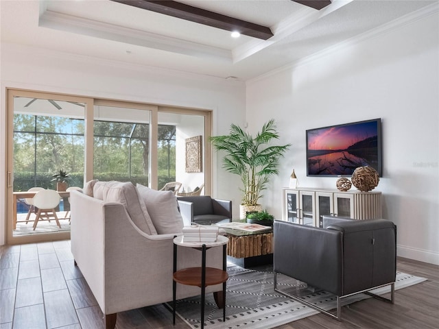 living room featuring dark hardwood / wood-style flooring, a tray ceiling, crown molding, and beam ceiling