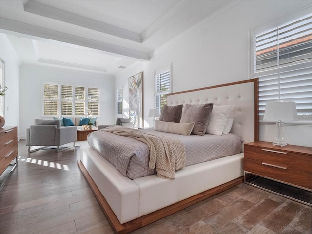 bedroom featuring dark hardwood / wood-style flooring and ornamental molding