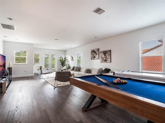 playroom featuring wood-type flooring, billiards, and a textured ceiling