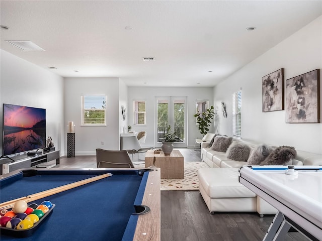 game room featuring pool table and dark hardwood / wood-style floors