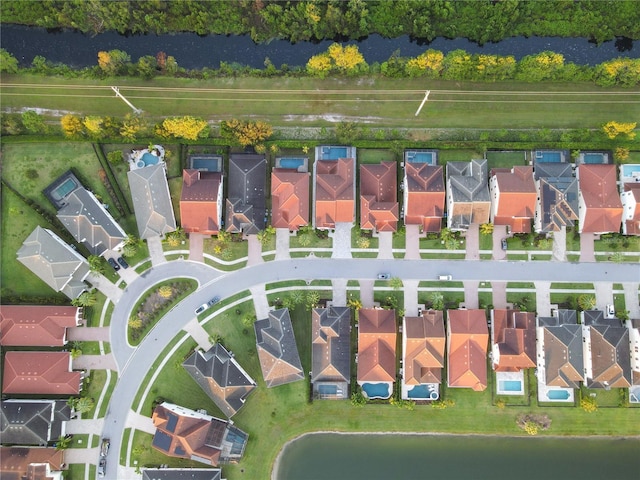 bird's eye view with a water view