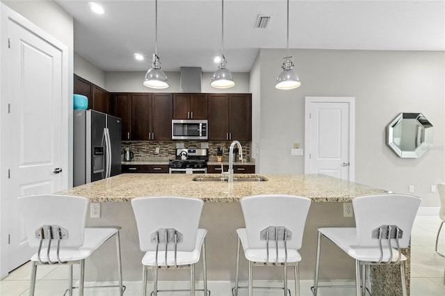 kitchen with sink, hanging light fixtures, stainless steel appliances, a kitchen bar, and decorative backsplash