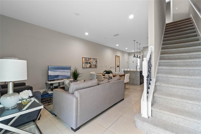 living room featuring light tile patterned floors