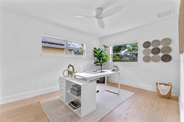 office space featuring ceiling fan and light hardwood / wood-style floors