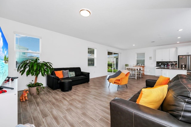 living room featuring sink and light wood-type flooring