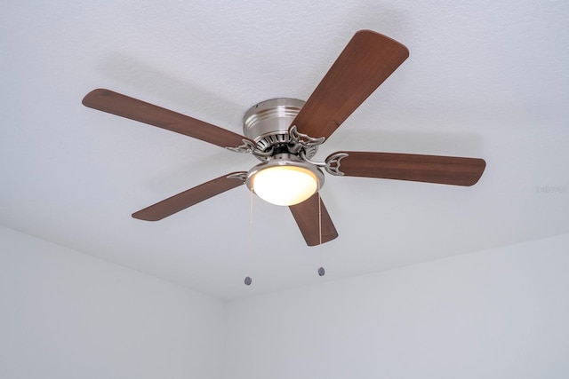 interior details with ceiling fan and a textured ceiling