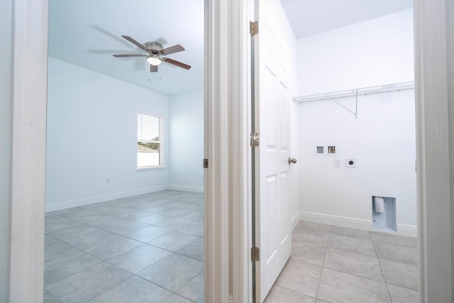 washroom with light tile patterned floors, washer hookup, hookup for an electric dryer, and ceiling fan