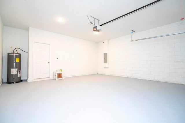 garage featuring a garage door opener, electric water heater, and electric panel