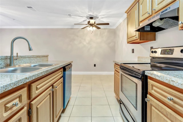 kitchen featuring appliances with stainless steel finishes, light tile patterned floors, crown molding, and sink