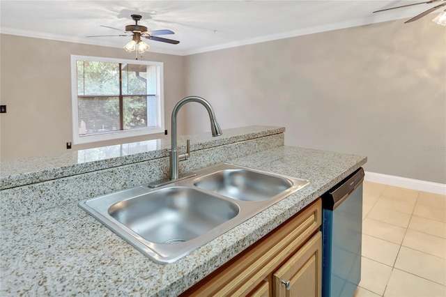 kitchen with crown molding, sink, stainless steel dishwasher, ceiling fan, and light tile patterned floors