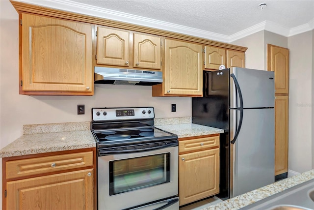 kitchen with a textured ceiling, light stone counters, crown molding, and stainless steel appliances