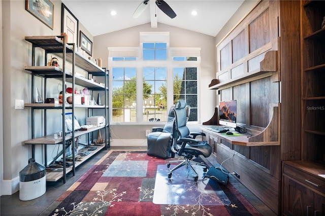 home office featuring vaulted ceiling with beams and ceiling fan