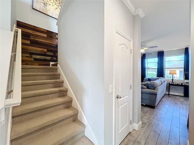 staircase featuring ceiling fan, wood-type flooring, and ornamental molding