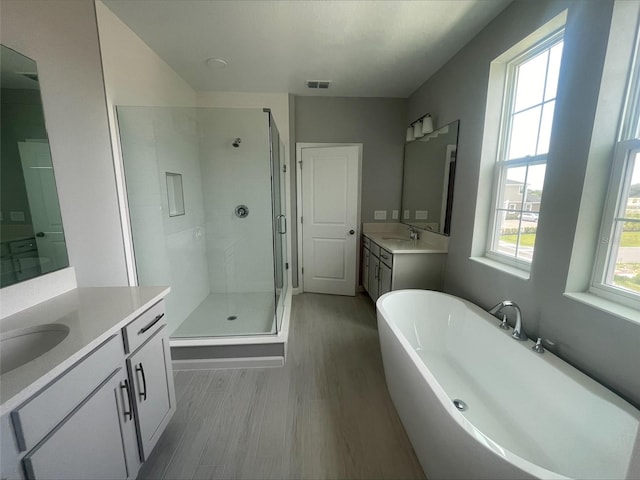 bathroom with a stall shower, a freestanding bath, wood finished floors, and a sink