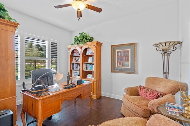 home office featuring dark wood-type flooring and ceiling fan