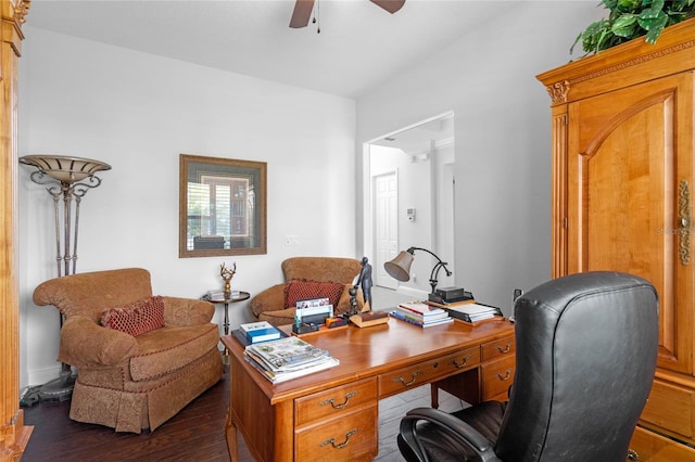 office with ceiling fan and dark hardwood / wood-style floors