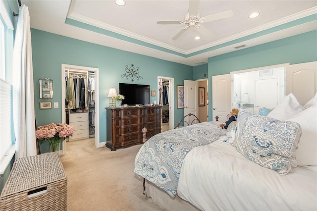 carpeted bedroom with ornamental molding, ceiling fan, a tray ceiling, a walk in closet, and a closet