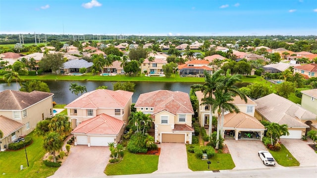 drone / aerial view featuring a water view