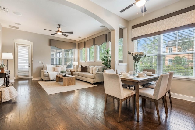 dining space with a wealth of natural light, dark hardwood / wood-style floors, and ceiling fan