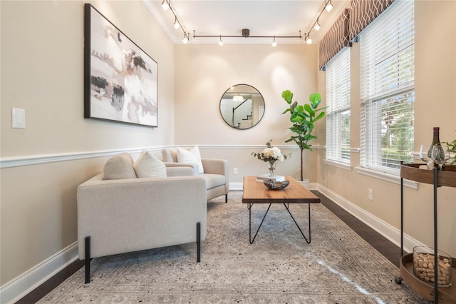 living room featuring track lighting and hardwood / wood-style floors