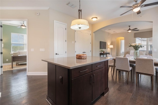 kitchen featuring hanging light fixtures, a healthy amount of sunlight, and dark wood-type flooring