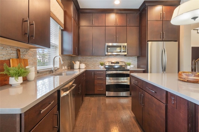 kitchen with stainless steel appliances, sink, hardwood / wood-style floors, dark brown cabinets, and decorative backsplash