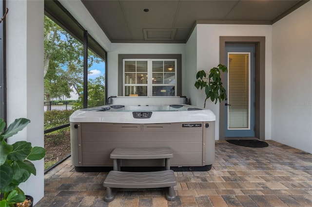 interior space with a hot tub