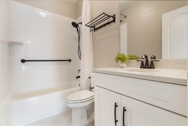 full bathroom featuring shower / tub combo with curtain, vanity, toilet, and tile patterned flooring