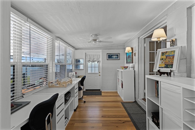 kitchen with white cabinets, a textured ceiling, hardwood / wood-style flooring, ceiling fan, and pendant lighting