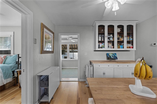 dining space featuring radiator heating unit, a wealth of natural light, ceiling fan, and light hardwood / wood-style flooring