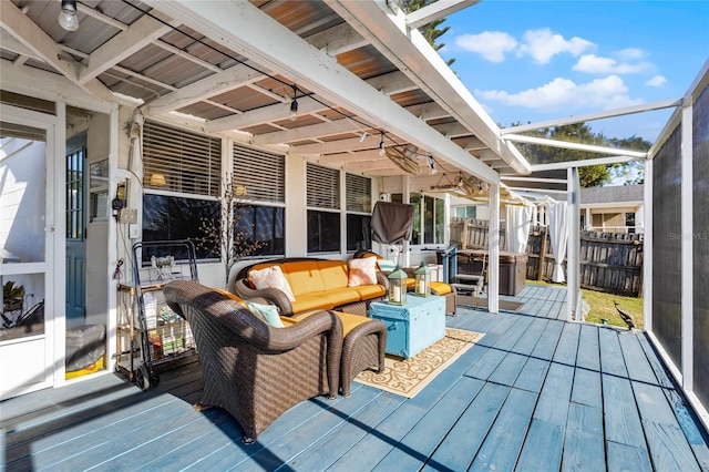 wooden deck with glass enclosure