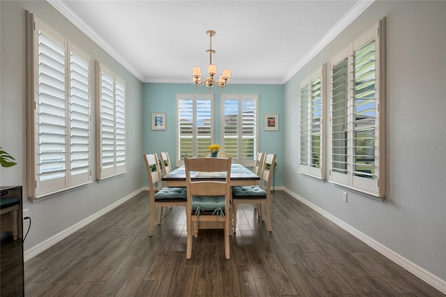 dining area with crown molding, an inviting chandelier, and dark hardwood / wood-style flooring