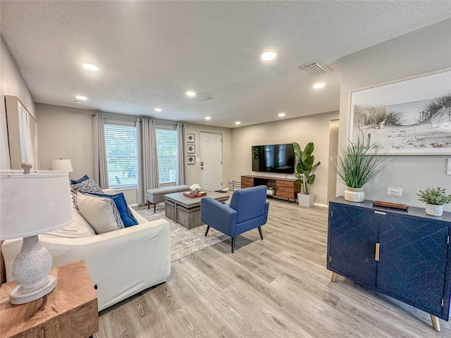 living room with light wood-type flooring and a textured ceiling