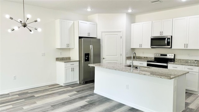 kitchen with a kitchen island with sink, sink, white cabinets, and appliances with stainless steel finishes