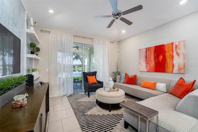 tiled living room featuring ceiling fan