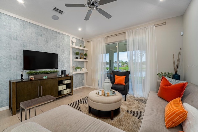 tiled living room featuring ceiling fan