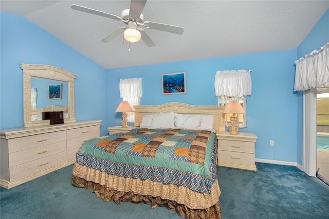 bedroom with a textured ceiling, ceiling fan, vaulted ceiling, and dark carpet