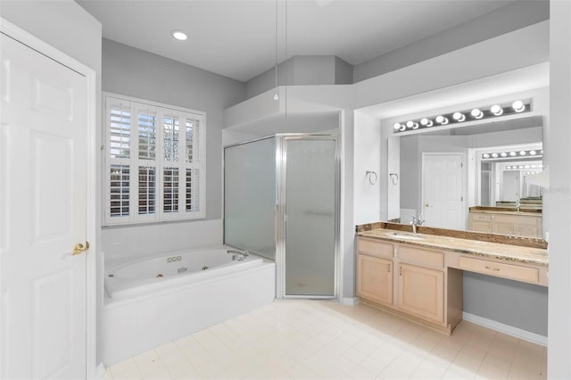 2626 Raccoon Run Ln, Orlando, FL 32837 - bathroom with a stall shower, vanity, a tub with jets, and tile patterned flooring